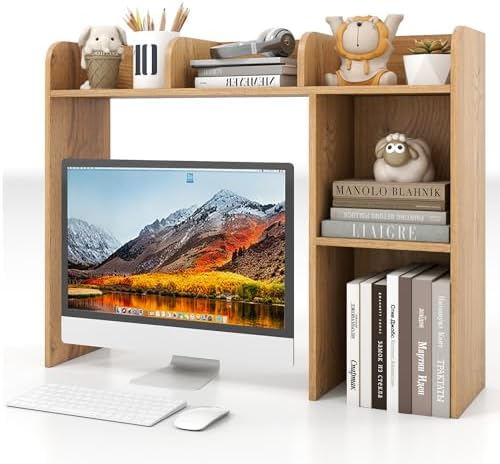 GIANTEX Desktop Bookshelf, Wood Desk Hutch Organizer for 27 Inch Computer Monitor, Countertop Storage Display Rack with 5 Shelves, Multipurpose Desktop Shelf Bookcase for Dorm Office Home, Natural