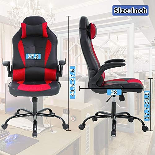 Gaming Chair - Ergonomic High Back Office Computer Desk Chair with Lumbar Support, Flip-Up Arms & Headrest | PU Leather Swivel Task Chair for Adults & Teens | Adjustable Racing Style Executive Chair