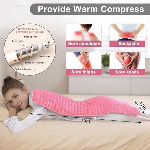 Heating Pad Electric Heat Pad, Hot Heated Pad,Multiple Temp and Timer Settings,Suitable for Shoulders, Neck, arms, Abdomen, Back, Legs, etc. (Light Pink, 33"X17")
