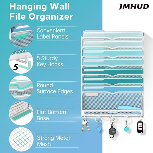 8-Tier Wall File Organizer and Mail Organizer with 5 Hooks, White