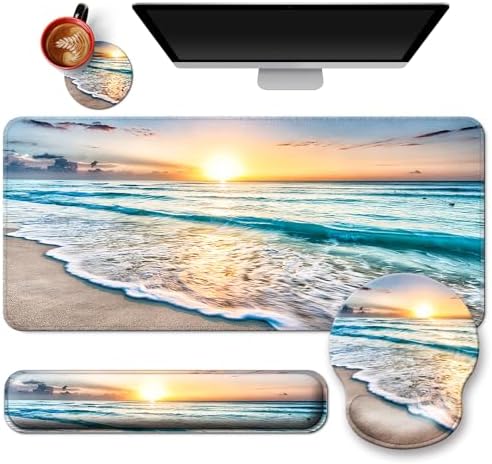 4 in 1 Mouse Pad Set with Wrist Rest for Keyboard,Desk Mat,Coaster-Beach