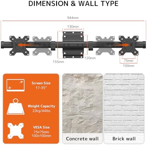 Dual Monitor Wall Mount, Horizontal Assembly Mount for 2 Monitor Screens up to 35 inches, Max. 10kg per Arm, VESA 75x75/100x100mm,Black