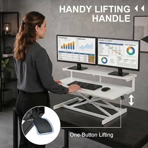 37 Inch Standing Desk Converter, 10.23-24.8 inches Adjustable Height Standing Desk Riser, Sit to Stand Up Duals Monitor Riser Workstation, for Home Office Laptop - White