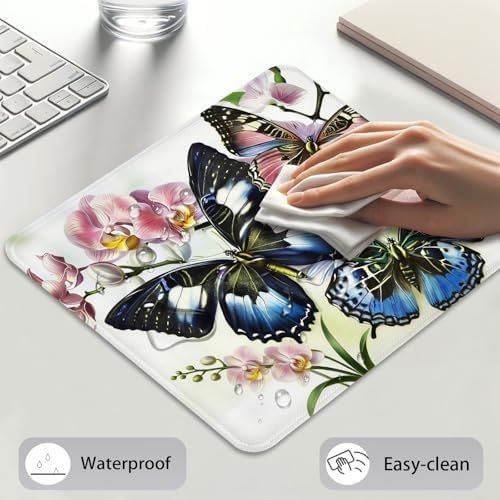 Exotic Blue Butterflies Pink Orchids Floral Mouse Pad, Tropical Desk Mat