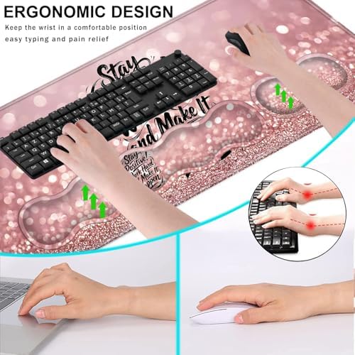 Keyboard Wrist Rest and Mouse Pad with Wrist Support Set Ergonomic Coaster,Memory Foam,Easy Typing Pain Relief,Large XL Desk Mat 31.5"x 11.8",Stay Positive Work Hard and Make It Happen Motivational
