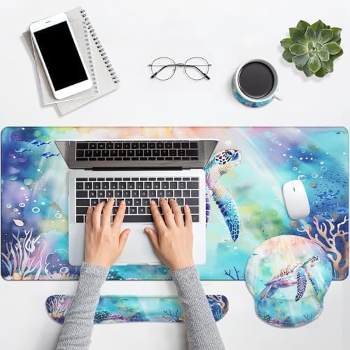 Britimes Keyboard Mouse Pad Set, 4 in 1 Desk Mat Set, Sea Turtle Cute