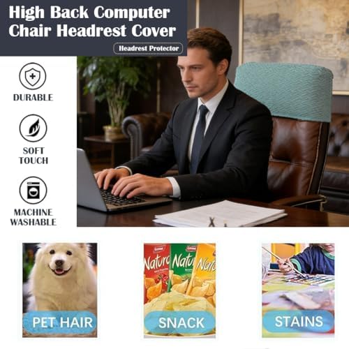 Stretch Office Chair Headrest Cover Jacquard Headrest Slipcover for Office Chairs Non Slip Head Rest Chair Furniture Protector for High Back Computer Chairs Set of 2 Tea Green