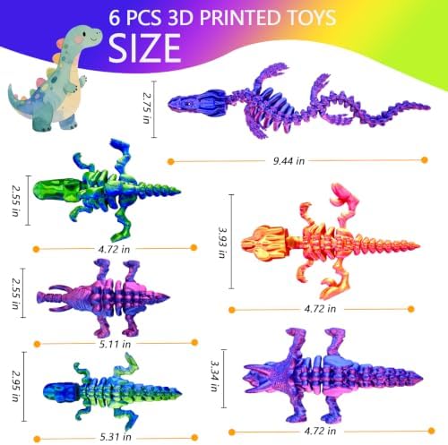 6pcs 3D Printed Dinosaur Skeletons,Snake Flexible，Articulated T-Rex Fidget Toys,Large,3D Printed Animals,Desk Toy，Easter Eggs Basket Stuffers,Toys for Boys Kids Teen Girl 4-6 8-12