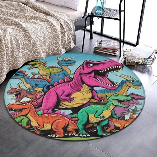 Soft Round Yoga Carpet, Large Home Decor Mat, Non Slip Machine Washable Kitchen Office Circle Rug Dinosaurs
