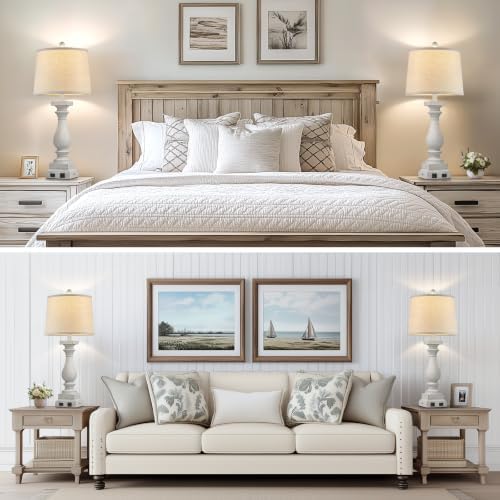 28" Tall Farmhouse Table Lamps Set of 2 with USB C+A Ports and AC Outlet, 3 Way Touch Control Rustic Bedside Lamp for Bedroom, White Vintage Nightstand Lamp for Living Room Office
