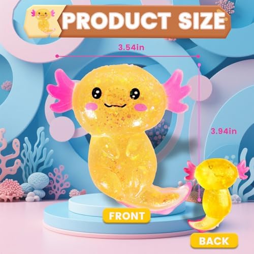 Axolotl Squishy Stress Relief Toy Glitter Fidget Toys Cute Malt Sugar Axolotl Toy Fidget Toys Adults Fidget Toy for Kids Youth Adult, Party Favors Anxiety Relief Squishy Toys(Orange)