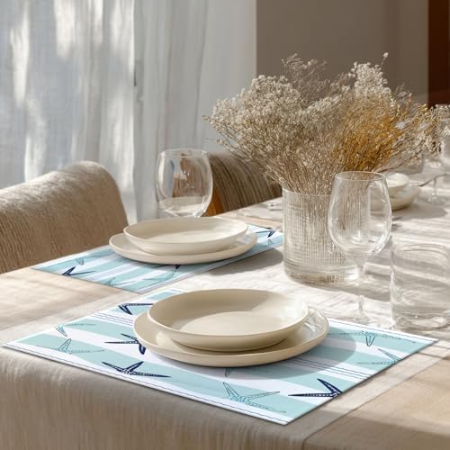 Shrahala Coastal Navy Blue Set of 6 12 X 18 Inch Linen Placemats, Coastal Starfish Repeat Pattern Navy Blue Turquoise Burlap Table Mat Washable Double Layered Heat Insulation for Indoor/Outdoor