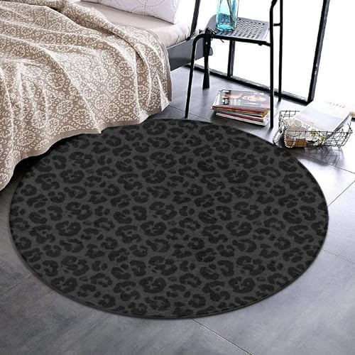 Room Sofa Yoga Soft Round Carpet, Home Decor Non Slip Kitchen Office Circle Rug, Machine Washable Modern Round Area Rug Dark Gray Leopard Cheetah Print Black