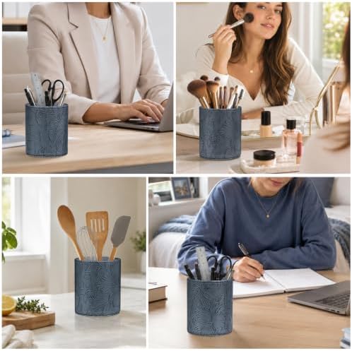 Round Leather Pen Holder for Desk, Desktop Organizer,(Navy Blue)