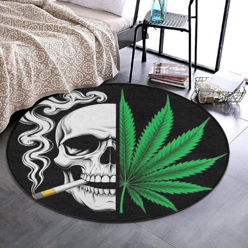 Women's Large Home Decor Mat, Soft Round Yoga Carpet, Non Slip Machine Washable Home Office Circle Rug Pot Leaf Weed Skull Smoking