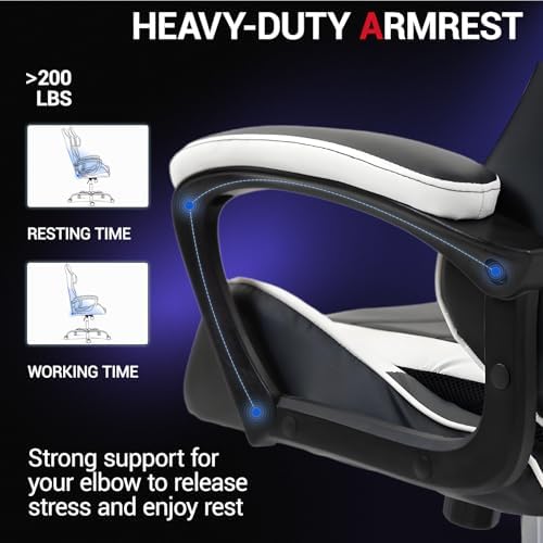Ergonomic Massage Gaming Chair for Kids Adults, Comfy PU Leather Office Desk Chair with Adjustable Headrest Lumbar Support 360 Swivel, White