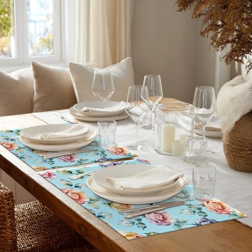 Shrahala Flower Set of 6 12 X 18 Inch Linen Placemats, Beautiful Flower Pattern Beauty Blossom Bouquet Elegant Floral Burlap Table Mat Washable Double Layered Heat Insulation for Indoor/Outdoor