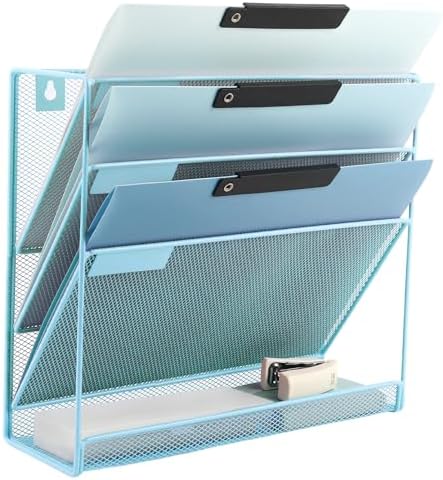 EASEPRES Desk File Organizer Mesh 4-Tier, Hanging Wall Mount Document Organization Stand, Desktop Vertical Mail Paper Folder Holder Rack with Bottom Tray for Office Home Cubicle Countertop, Blue