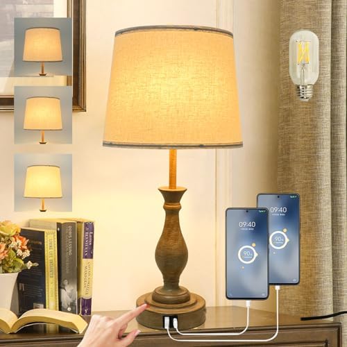 LALISU Farmhouse Table Lamp Touch Control 3-Way Dimmable Table Lamp, Modern Nightstand Lamp with 2 USB Port Bedside Desk Lamp with Fabric Shade for Living Room (Pack 1-Beige Shade & Touch)