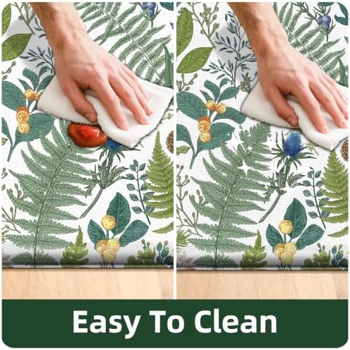 2PC Botanical Kitchen Rugs Set, White Green, 17.3"x28" + 17.3"x47"