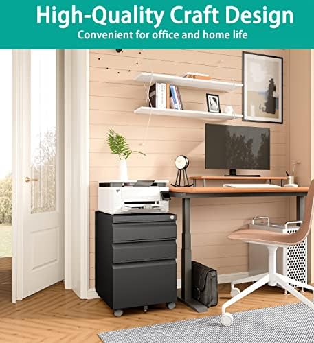 SISESOL 3 Drawer Mobile File Cabinet with Lock,Black Under Desk File Cabinets with Wheels,Rolling Metal Filing Cabinet for Home Office,Fit Legal/Letter/a4 File,Fully Assembled Except Caster
