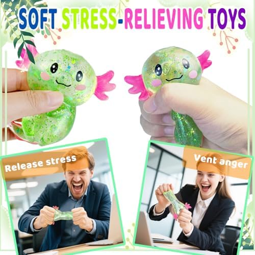 Axolotl Squishy Stress Relief Toy Glitter Fidget Toys Cute Malt Sugar Axolotl Toy Fidget Toys Adults Fidget Toy for Kids Youth Adult, Party Favors Anxiety Relief Squishy Toys(Green)