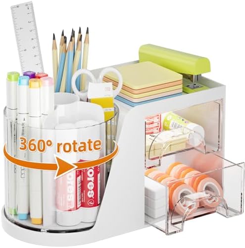 Marbrasse Desk Organizer with 2 Drawer, 360°Rotating Pen Holder, Desk Organizers and Accessories with 6 Slots Pencil Organizer + 2 Drawer, Art Supply Storage Box Caddy for Office (White)
