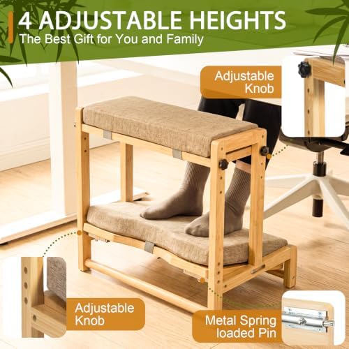 Two-Tier Bamboo Desk Footrest, Adjustable Ergonomic Leg Rest with Cushion