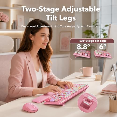 Wireless Keyboard and Mouse Combo, Round Keycaps, Magnetic Wrist Rest, Pink