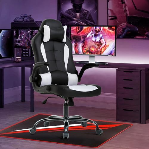High Back PU Leather Office & Gaming Racing Chair - Comfortable & Heavy Duty - Headrest & Lumbar Support - Height Adjustable - Big & Tall Size - White