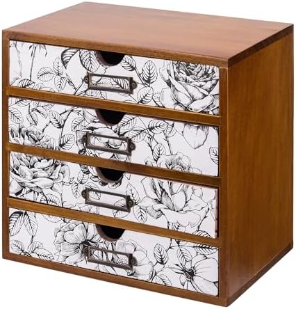 Vintage Desk Organizer with 4 Black & White Floral Drawers - Wooden Storage Shelf Drawer for Tabletop - Wood Desktop Organizing Box Cabinet - Black & White Monochrome Botanical Toile de Jouy