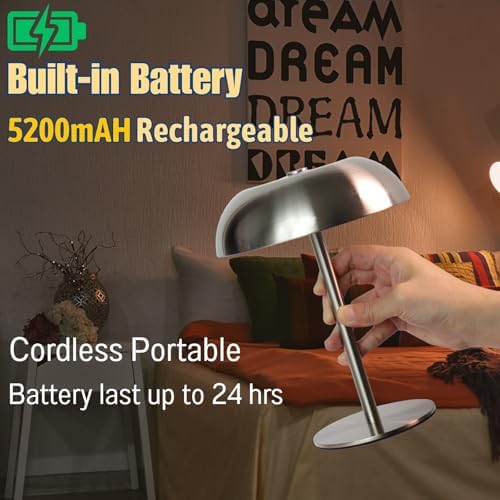 Cordless LED Mushroom Table Lamp, 5200mAh Battery, Dimmable 3 Color, Silver