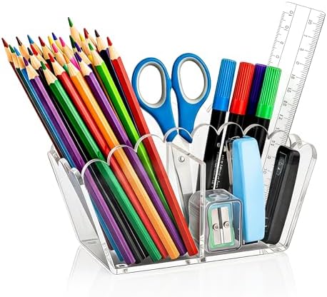 Clear Acrylic Pen Holder,2-Compartment Scalloped Desk Caddy