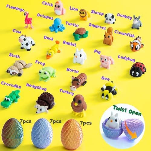 MONJITA 21 Pcs 3D Printed Easter Eggs with 21 Pcs Mini Animal Figurines Inside, Flexible Articulated Fidget Toys, Party Favors, Easter Basket Stuffers, Gifts for Kids Students Carnival Prizes