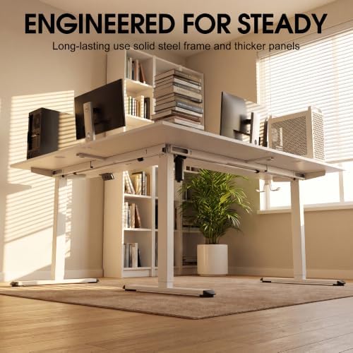 Furmax 63 x 48 Inch L Shaped Standing Desk with 2 Preset Heights, Electric Height Adjustable Computer Table, 2 Hooks & Feet Balance, Corner Sit Stand Desk for Home Office (White, 63 x 48 Inch)