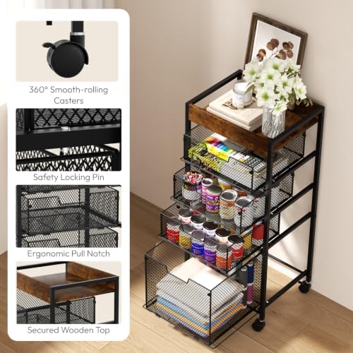 SWTYMIKI Rolling File Cart with Drawers - 5 Tier Art Craft Rolling Organizer Cart - Office Storage &Organization, Mobile Metal File Cabinet for Office and Home Espresso