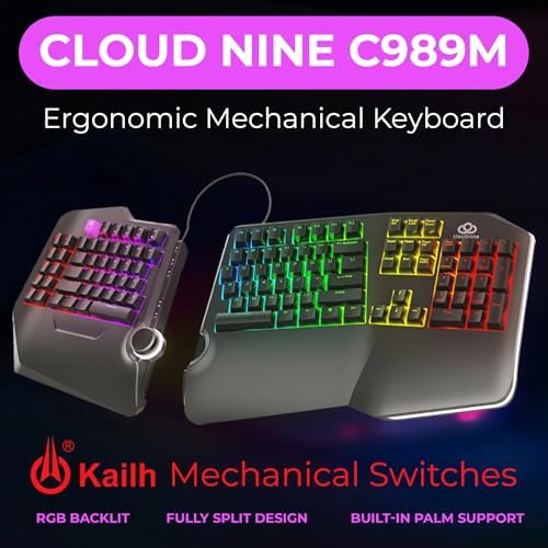 Cloud Nine C989M Ergonomic Mechanical Keyboard for PC - Kailh Tactile Brown Switches - RGB Light Up LED Backlit with USB - Ergo Split Key Board with Macro