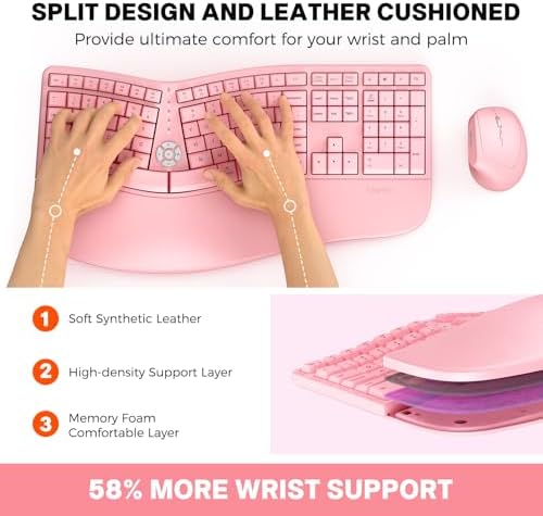 MEETION Ergonomic Keyboard Mouse Combo, Split Design, Vertical Mouse, Pink