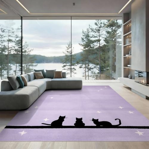 6'x9' Black Cat Lavender Starry Ultra-Soft Area Rug
