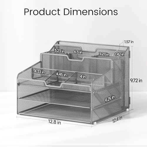 Lavatino Desk Paper File Organizer - Metal Mesh with 2 Letter Trays, 7 Flexible Dividers, 2 Vertical File Folder Holders for Office/Home/Classroom Supplies, Desk Organizers and Accessories, Silver