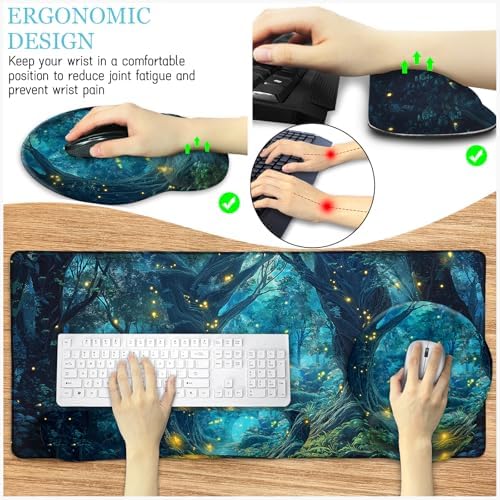 LIMKRIAN Mouse Pad with Wrist Rest, Firefly Forest Computer Desk Mat Set