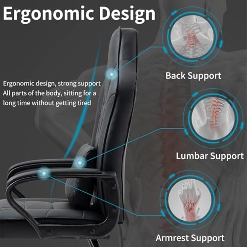 Leather Office Guest Chair No Wheels High Back Computer Reception Chairs with Padded Arms Waist Pillow for Meeting Gaming Conference Waiting Room, Black