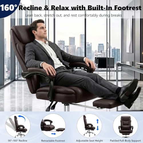 Ergonomic Executive Office Chair PU Leather High Back, 400lbs Heavy Duty Reclining Desk Chair with Footrest, Adjustable Lumbar Support, Padded Armrests, Wide Seat, Brown