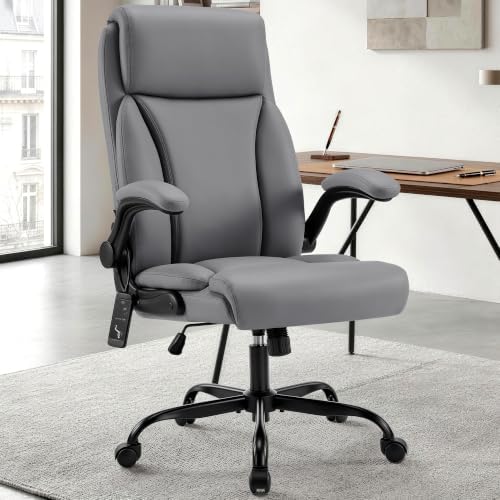 Heated Office Chair, Reclining Desk Chair with Constant Warm Heat, Big and Tall Executive PU Leather Chairs for Heavy People, Ergonomic Wider & Thicker Seat Cushion Gaming Chairs (Gray)