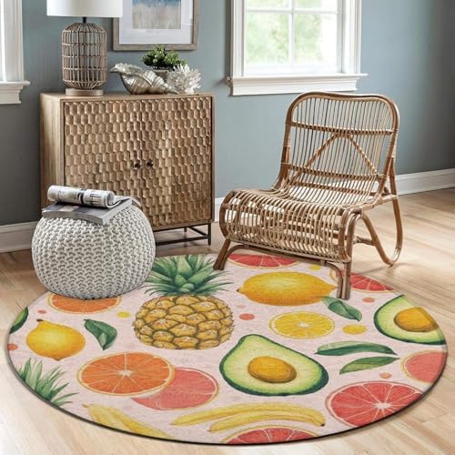Home Decor Non Slip Kitchen Office Circle Rug, Machine Washable Modern Round Area Rug, Room Sofa Yoga Soft Round Carpet Avocado Nut Banana Pineapple Orange, 60inch