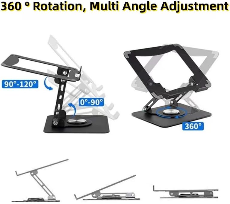 Adjustable Laptop Stand for Desk, Foldable Aluminum Laptop Riser with 360° Rotating Base, Ergonomic Ventilated Computer Stand, Height Adjustable Holder Compatible with MacBook, Dell, HP, Lenovo