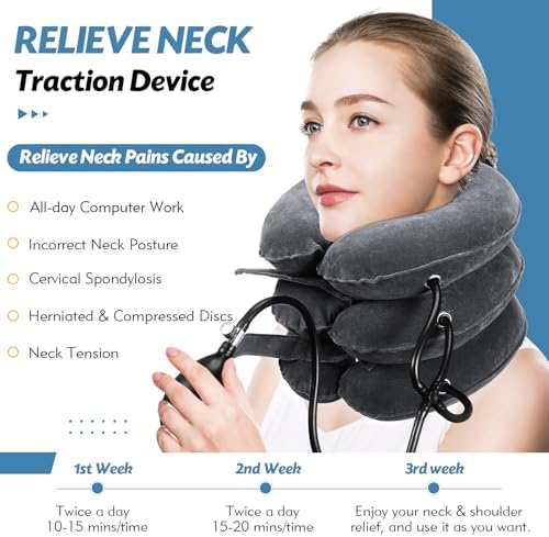 Neck Stretcher, Cervical Traction Device, Neck Traction Device, Neck Pain Relief, Adjustable Inflatable Neck Brace & Neck Stretcher, Neck Decompression Home Use (Dark Gray)