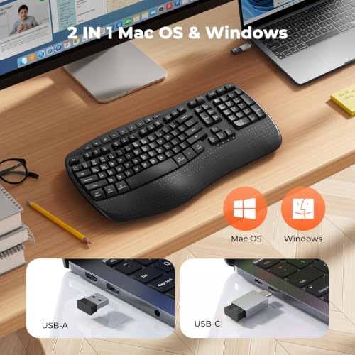 Doci Wireless Ergonomic Keyboard, Wave Keys Wrist Rest Natural Typing Keyboard, 2.4G USB-A Cordless Receiver and USB-C Adapter, Ergo Computer Keyboard, Windows/Mac/PC/Laptop, Black