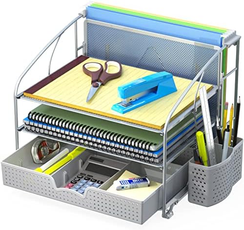 Simple Houseware 3-Tier Desk Organizer with Sliding Drawer, Silver
