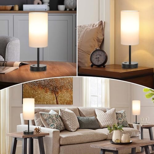 Touch Bedside Table Lamps Set of 2 - Bedroom Lamp with USB A+C, AC Outlet